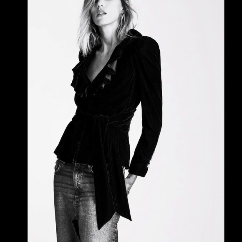 NWT Zara Black Ruffled Tie Belt Velvet Blazer XS